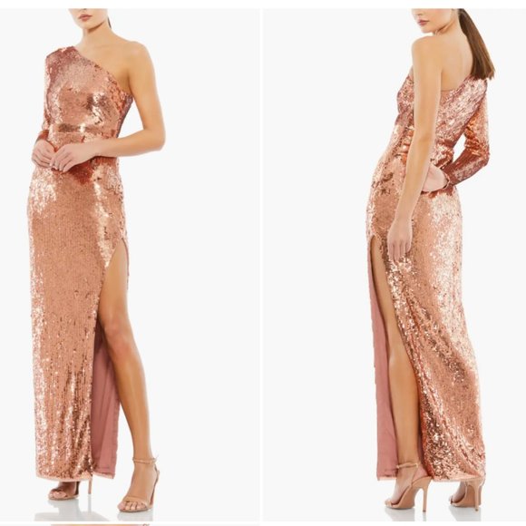 MAC DUGGAL 10788 SEQUINED ONE SLEEVE COLUMN COPPER GOWN sz 0 - Picture 1 of 5